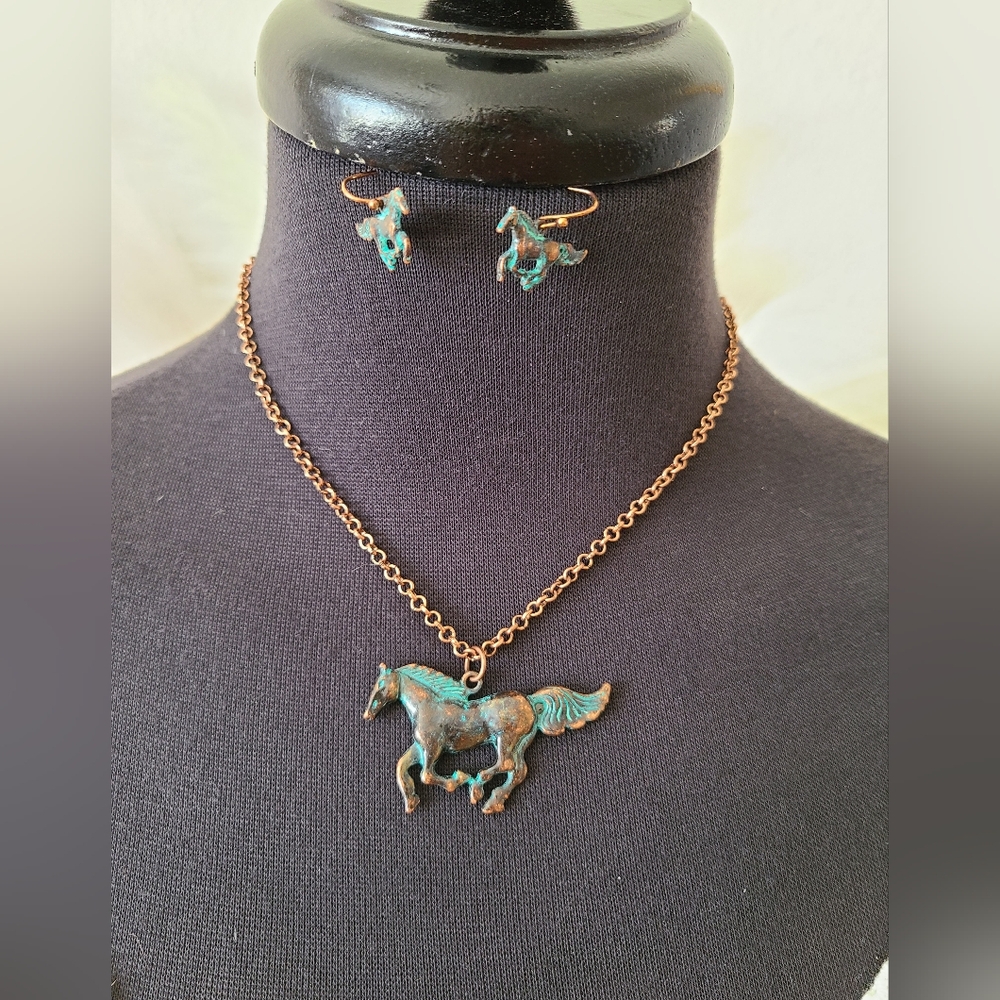 Bronze Horse Pendant Necklace and Earring Set